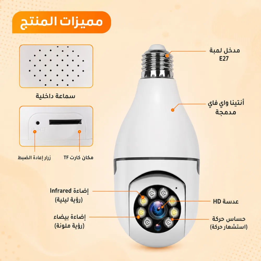 كاميرا مراقبة ذكية WiFi 360 درجة، كاميرا لمبة بانورامية مزدوجة مع إنذار صوتي وتتبع حركة ورؤية ليلية - الصورة 3